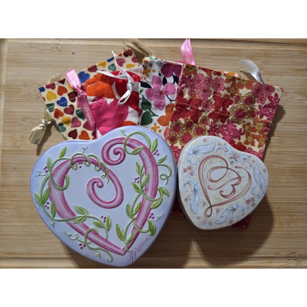 Brighton Drawstring Fabric Jewelry Pouch  Gift Bag Hearts 4 Bags + 2 Heart‎ Tin